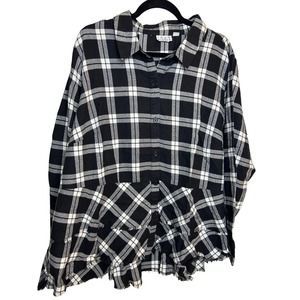 Joan Rivers Black White Plaid Button Up Size 22W Ruffle Flowy